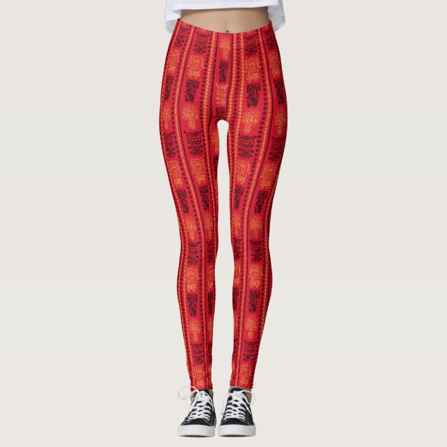 Red Native Mönster Ethnic Tribe Boho Culture Leggings (Framsida)