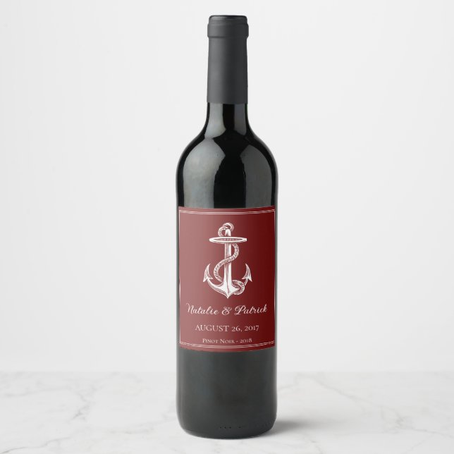 Red Nautical Anchor Bröllop Vin-etikett Vinflaska Etikett (Framsida)