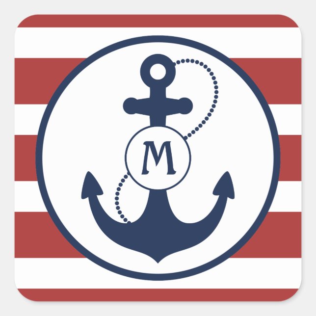 Red Nautical Anchor Monogram Fyrkantigt Klistermärke (Framsida)