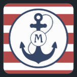 Red Nautical Anchor Monogram Fyrkantigt Klistermärke<br><div class="desc">Röda nautiska rand med marinblå ankare och monogram.</div>