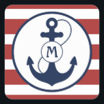 Red Nautical Anchor Monogram Fyrkantigt Klistermärke<br><div class="desc">Röda nautiska rand med marinblå ankare och monogram.</div>