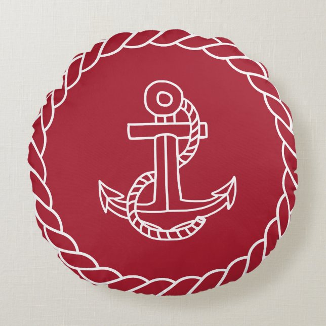 Red Nautical Anchor Round Pillow Rund Kudde (Framsidan)