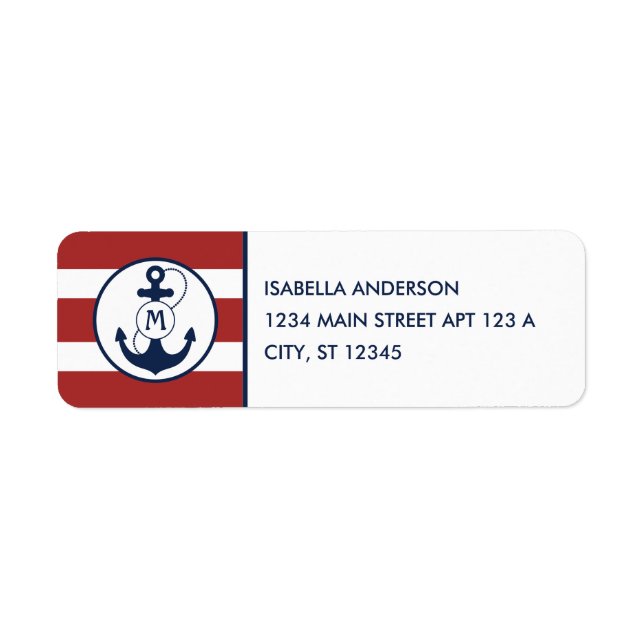 Red Nautical Rand med Anchor Monogram Returadress Etikett (Framsidan)
