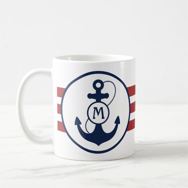 Red Nautical Rand med Anchor och Monogram Kaffemugg (Vänster)