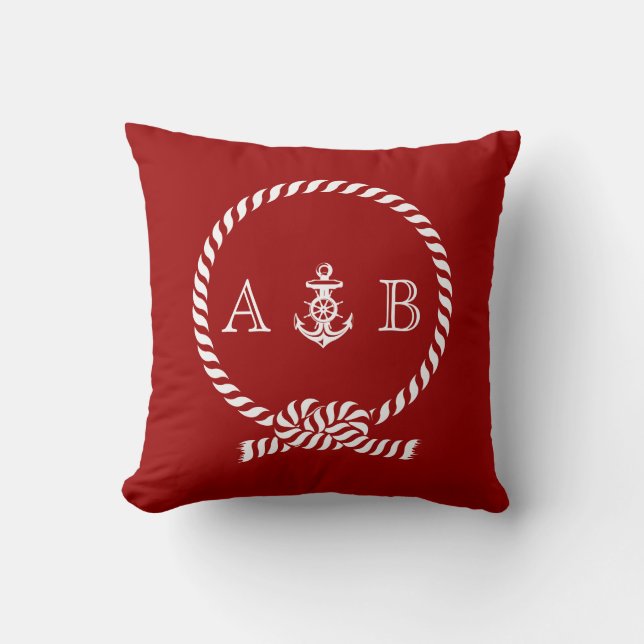 Red Nautical Rope och Anchor Monogram Kudde (Framsida)
