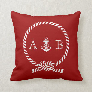 Red Nautical Rope och Anchor Monogram Kudde