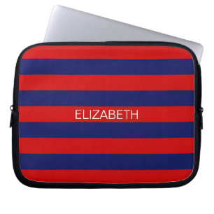Red Navy 5c Vågrät Preppy Rand Namn Monogram Laptop Sleeve