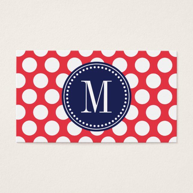 Red & Navy| Big Polka dots Monogramme Visitkort (Framsidan)
