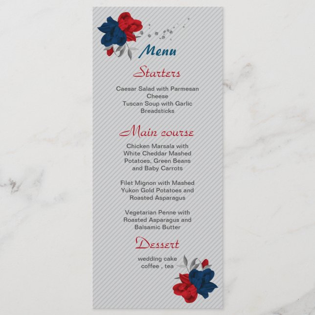 Red & navy blåa blommor botanical bröllop meny (Framsida)