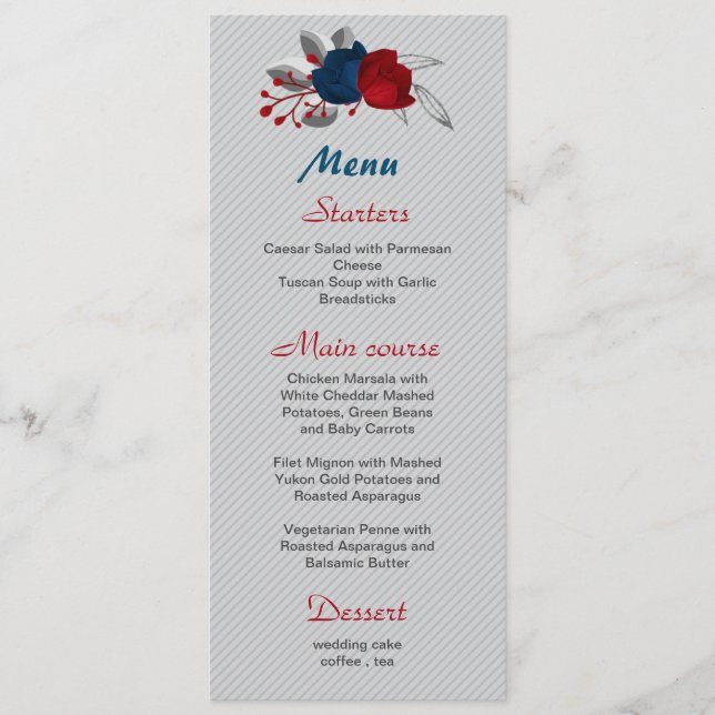 Red & navy blåa blommor botanical bröllop meny (Framsida)
