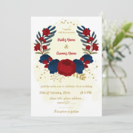Red & navy blåa blommor guld löv bröllop inbjudningar