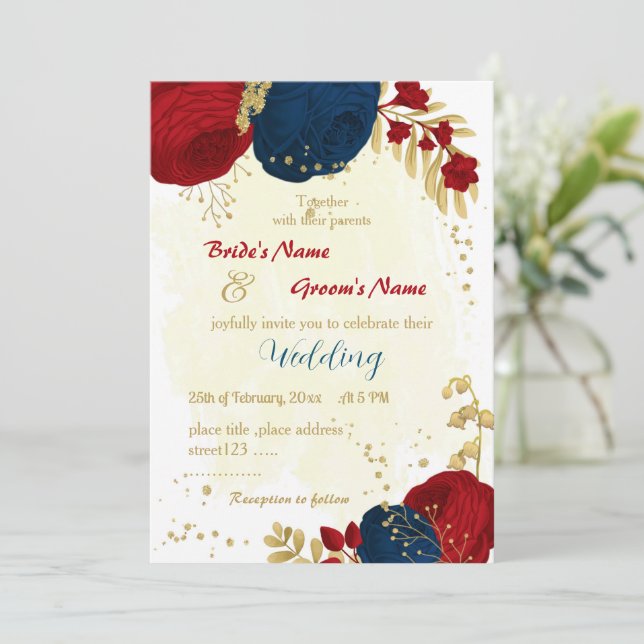 Red & navy blåa blommor guld löv bröllop inbjudningar (Stående Fram)