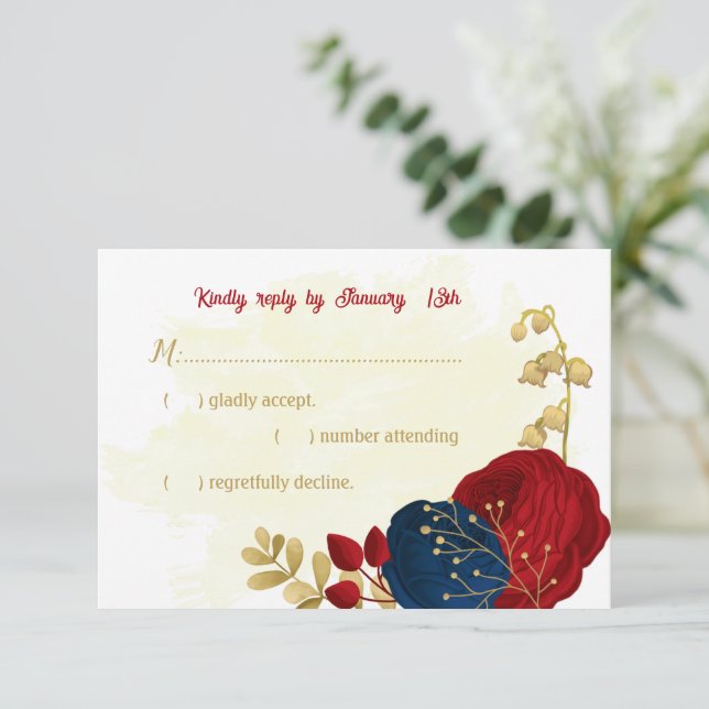 Red & navy blåa blommor guld löv bröllop OSA kort (Stående Fram)