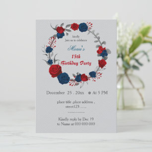 Red & Navy blåa blommor Havandefödelsedag Inbjudningar