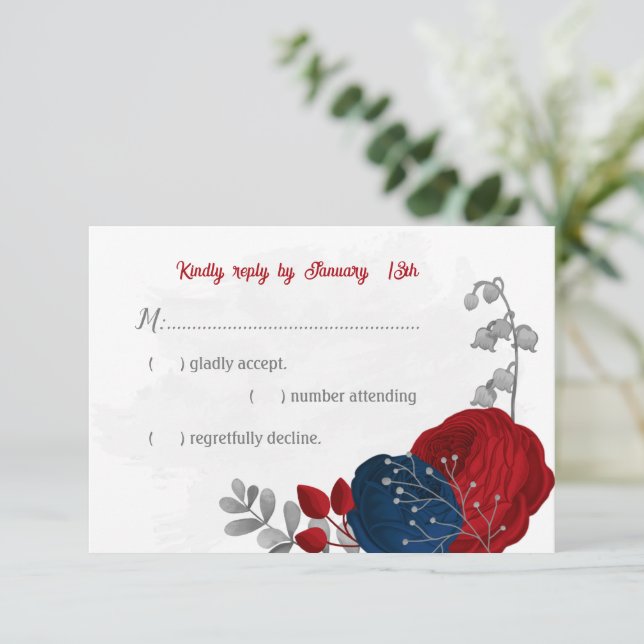 Red & navy blåa blommor silver botaniska bröllop OSA kort (Stående Fram)