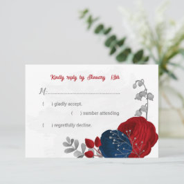 Red & navy blåa blommor silver botaniska bröllop OSA kort