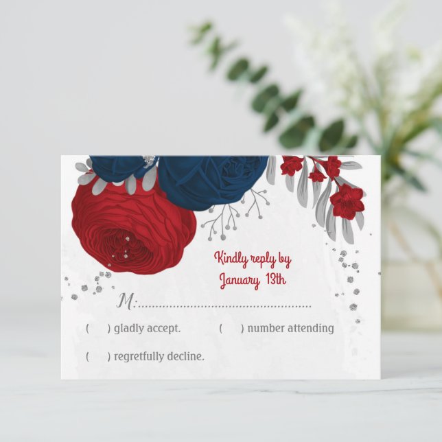 Red & navy blåa blommor silver botaniska bröllop OSA kort (Stående Fram)