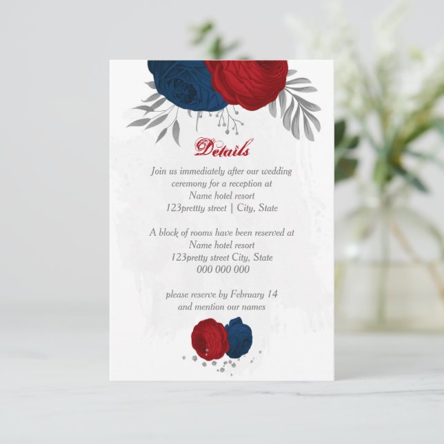 Red & navy blåa blommor silver botaniska bröllop tilläggskort (Stående Fram)