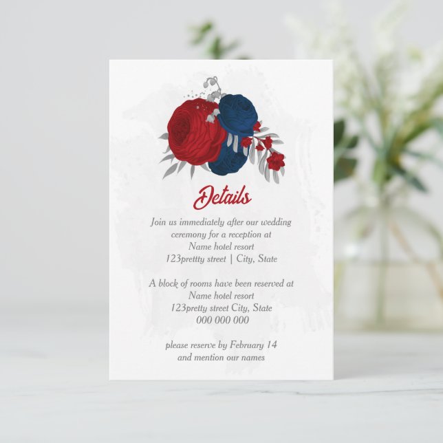 Red & navy blåa blommor silver botaniska bröllop tilläggskort (Stående Fram)