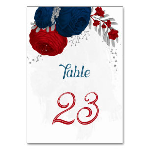 red & navy blåa blommor silver löv bröllop, tabell bordsnummer