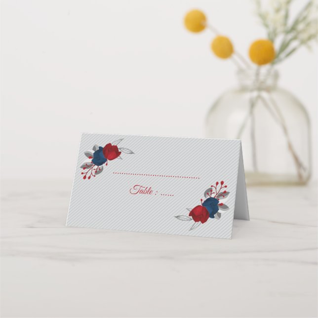 Red & navy blåa blommor silver löv grått placeringskort (Framsida)