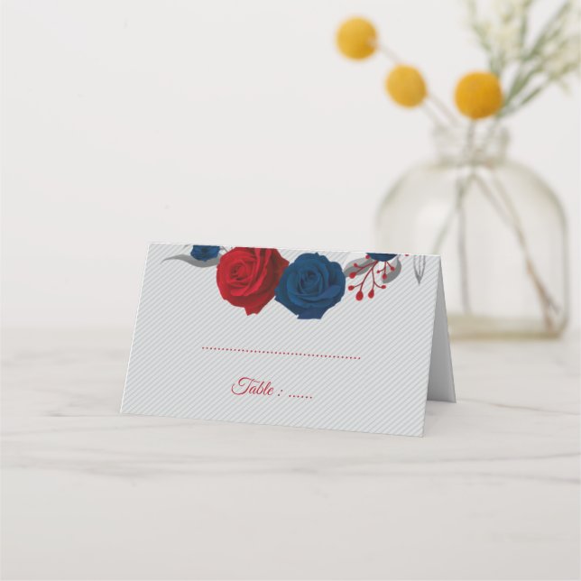 Red & navy blåa blommor silver löv grått placeringskort (Framsida)