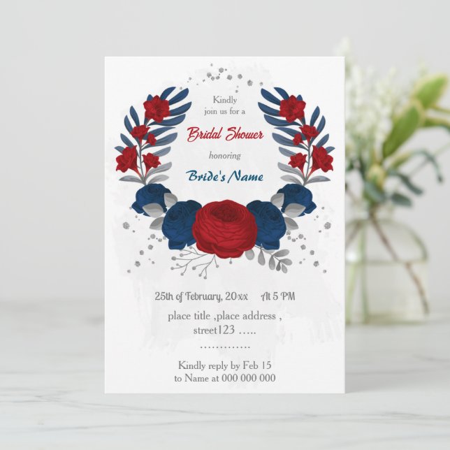 Red & Navy blåa blommor silver möhippa Inbjudningar (Stående Fram)
