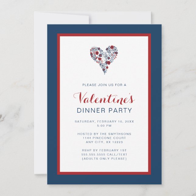 Red Navy Blommigt Heart Valentine Dinner Party Inbjudningar (Framsida)