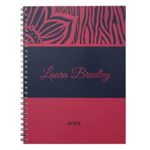 Red & Navy Blue Blommigt Zebra Linocut Namn & Year Anteckningsbok