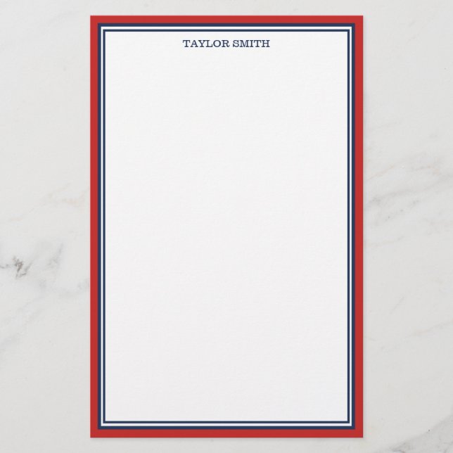 Red & Navy Blue Gräns Lägg till ditt namn Brevpapper (Framsida)