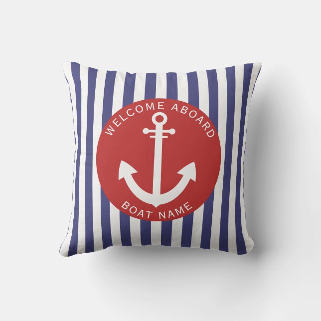 Red Navy Blue Rand Boat Namn Anchor Nautical Kudde (Baksida)