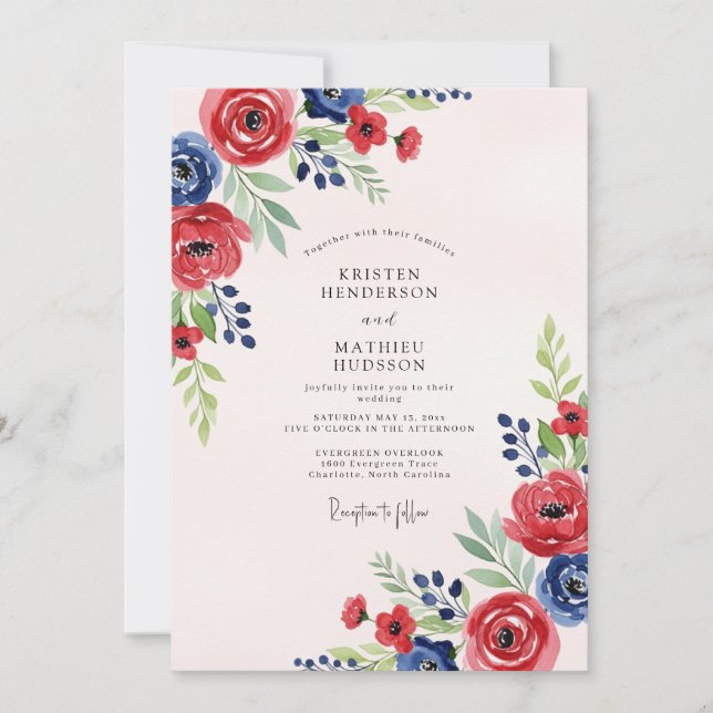 Red Navy Blue Watercolor Summer Wedding Inbjudningar (Framsida)