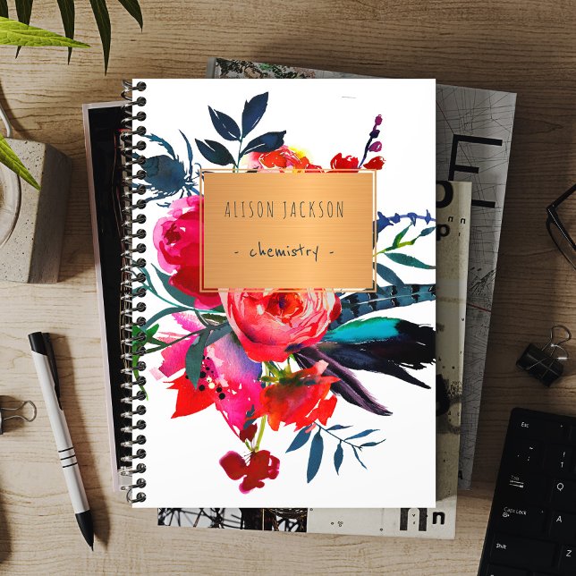 Red navy boho bouquet kopparetikett trendy school anteckningsbok med spiral (Skapare uppladdad)