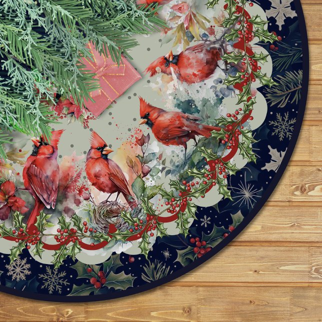 Red navy festive cardinals floral christmas custom julgransmatta borstad polyester (Skapare uppladdad)