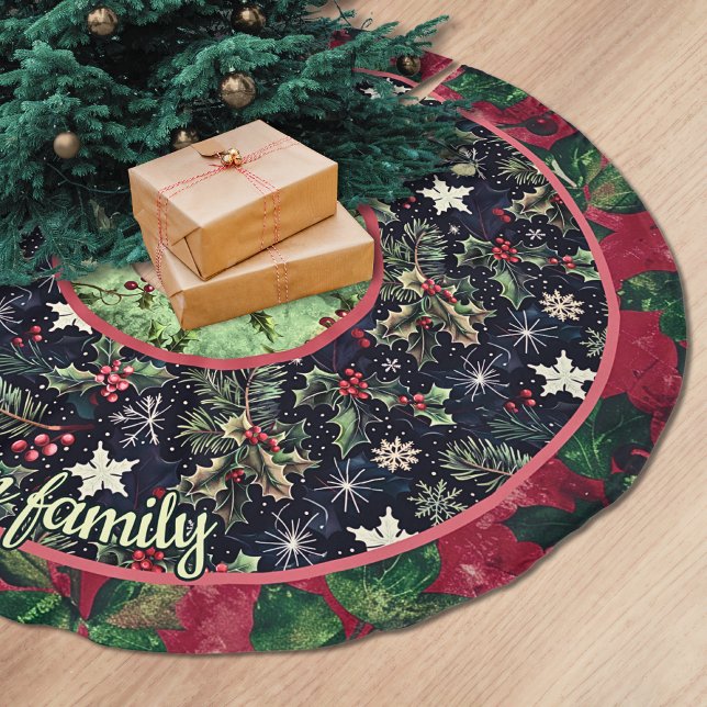 Red navy festive floral christmas pattern custom julgransmatta borstad polyester (Skapare uppladdad)