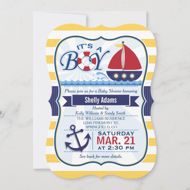 Red, Navy & Gult Nautical Sailboat Baby Shower Inbjudningar (Framsida)