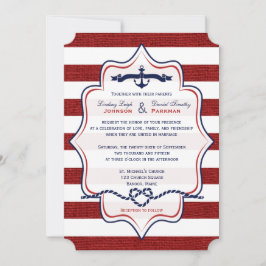 Red, Navy Nautical, FAUX Burlap Rand Bröllop Inbjudningar