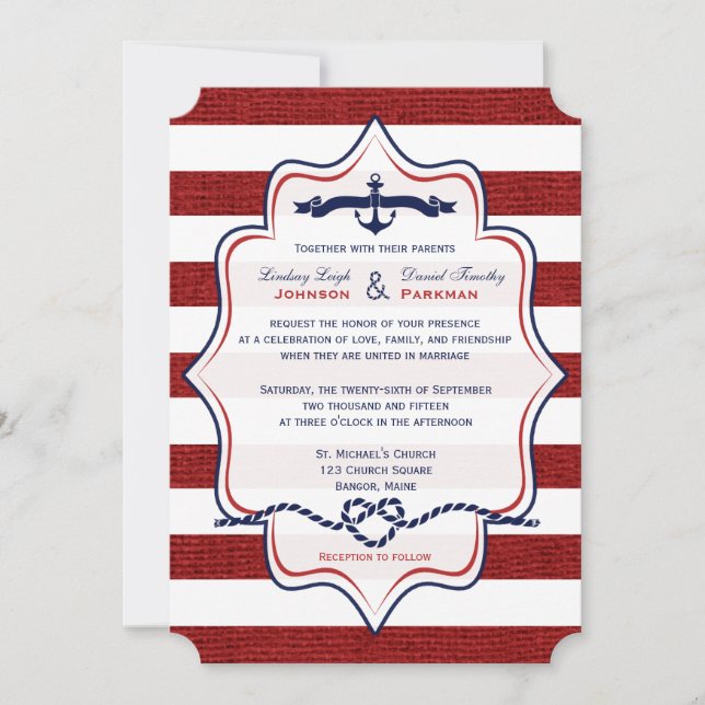 Red, Navy Nautical, FAUX Burlap Rand Bröllop Inbjudningar (Framsida)