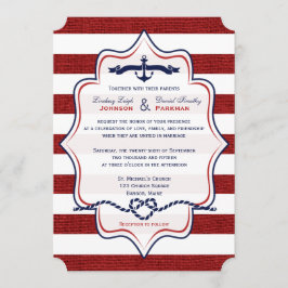 Red, Navy Nautical, FAUX Burlap Rand Bröllop Inbjudningar