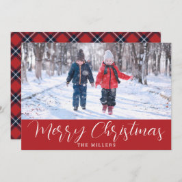 Red Navy Tartan Photo Card för julgranar Helgdagar Julkort