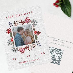 Red & Navy Winter Berries Photo & QR Code Bröllop Spara Datumet