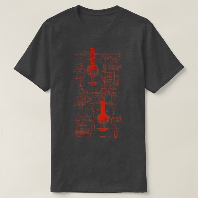 Red Neon Acoustic Guitar Da Vinci-blåkopia T Shirt (Design framsida)