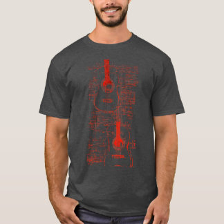 Red Neon Acoustic Guitar Da Vinci-blåkopia T Shirt