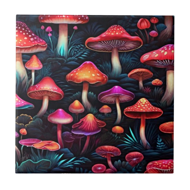 Red Neon Mushroom - Exklusiv Retro Art Kakelplatta (Framsidan)