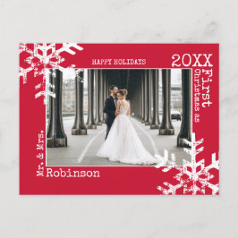 Red Newlyweds Första julfoto Snöflingor Helg Vykort