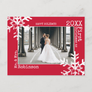 Red Newlyweds Första julfoto Snöflingor Helg Vykort