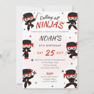 Red Ninja Birthday bjudande - Karate Party Inbjudningar