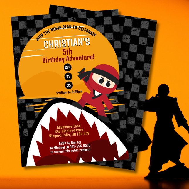 Red Ninja Shark Tamer Birthday-inbjudan Inbjudningar (Ninjas and sharks are all you need for an adventure filled birthday celebration!)