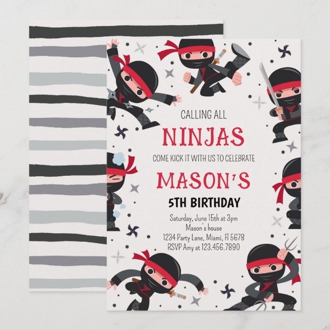 Red Ninja Warrior Martial Arts Birthday Inbjudningar (Fram/baksida)