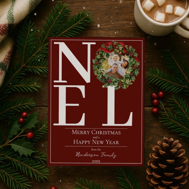 Red Noel-julkrans Foto Julkort (Red Noel Christmas Wreath Photo Holiday Card)